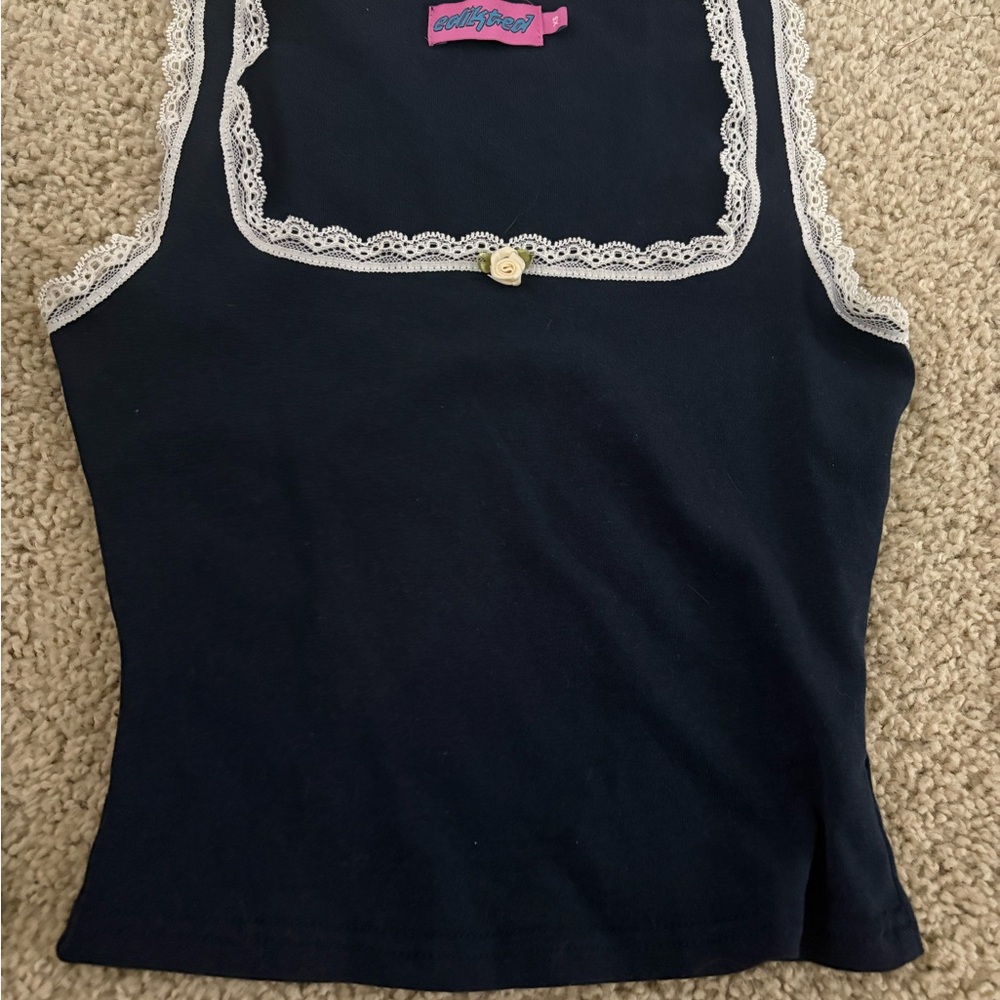 Edikted Navy Tank Top with Lace Trim